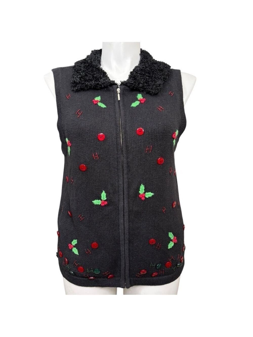 Bechamel Christmas Vest XL Black‎ Zip Holly Buttons Removable Collar